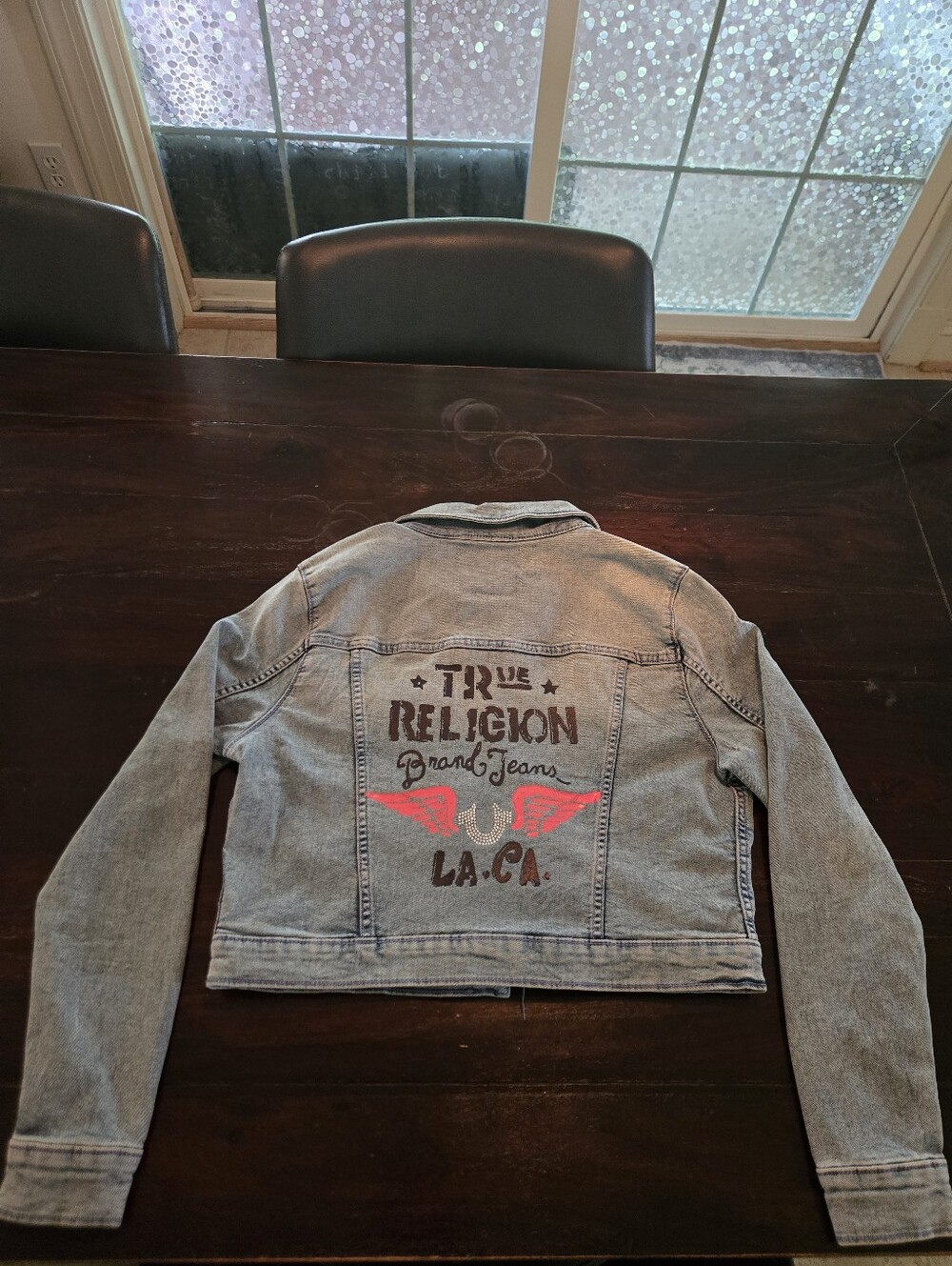 True Religion Light Blue Denim Jacket with Pink Wing Graphic